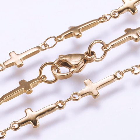 304 Stainless Steel Chain Necklaces, Cross, Golden (45.5cm) long 304 Stainless Steel Chain Necklaces, with Lobster Claw Clasps, Cross, Golden Size: about 17.9"(45.5cm) long, link: 13.5x5x1.5mm.