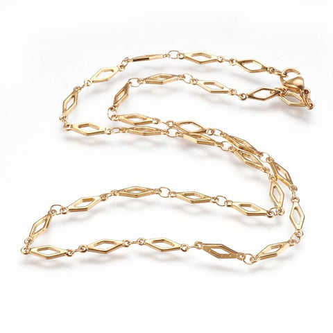 304 Stainless Steel Chain Necklaces, Rhombus, Golden 45cm) long 304 Stainless Steel Chain Necklaces, with Lobster Claw Clasps, Rhombus, Golden Size: about 17.7"(45cm) long, link: 13x4x1mm.