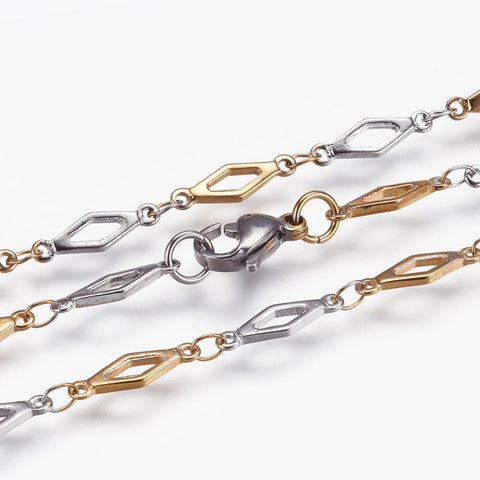 304 Stainless Steel Chain Necklaces,, Rhombus, Golden & Steel Color (45cm) 304 Stainless Steel Chain Necklaces, with Lobster Claw Clasps, Rhombus, Golden & Stainless Steel Color Size: about 17.7"(45cm) long, link: 13x4x1mm.