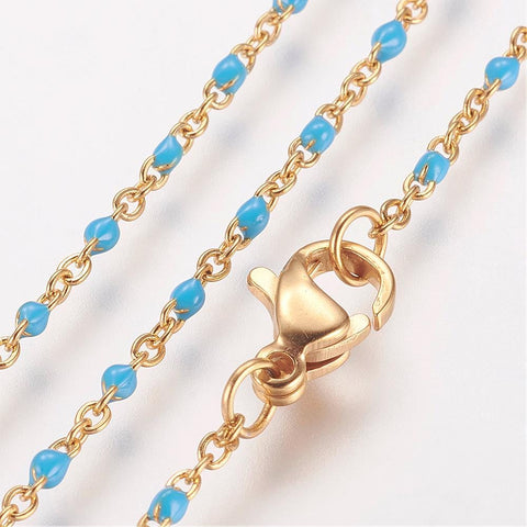 (SN6412C) GOLD / TURQUOISE 304 Stainless Steel Chain Necklaces, with Enamel Links, Golden, (45.5cm)long, 1.5~2mm wide 304 Stainless Steel Chain Necklaces, with Enamel Links, Golden, (45.5cm)long, 1.5~2mm wide