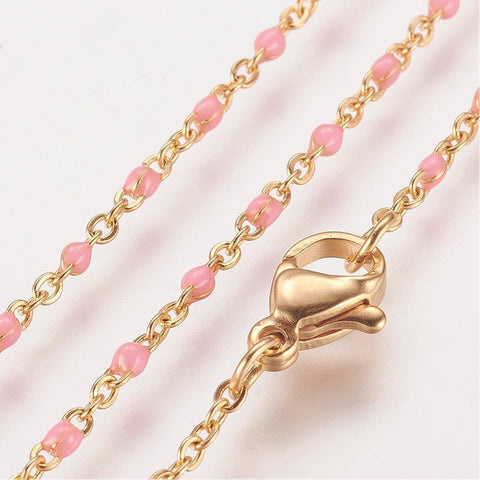 (SN6412E) GOLD/PINK 304 Stainless Steel Chain Necklaces, with Enamel Links, Golden, (45.5cm)long, 1.5~2mm wide 304 Stainless Steel Chain Necklaces, with Enamel Links, Golden, (45.5cm)long, 1.5~2mm wide