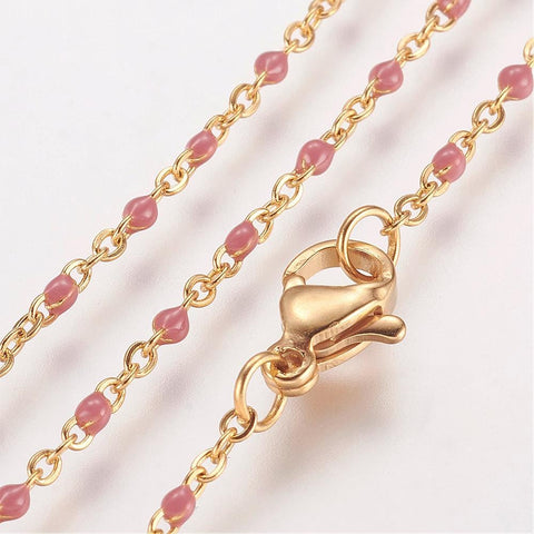 (SN6412A) GOLD/PALE RED 304 Stainless Steel Chain Necklaces, with Enamel Links, Golden, (45.5cm)long, 1.5~2mm wide 304 Stainless Steel Chain Necklaces, with Enamel Links, Golden, (45.5cm)long, 1.5~2mm wide