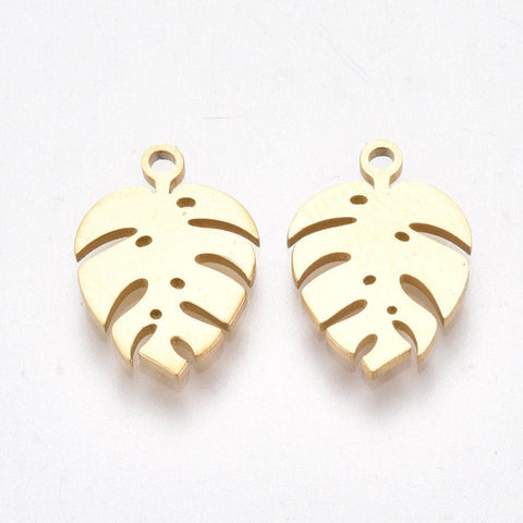 Ion Gold plated 304 Stainless Steel Charms, Monstera Leaf, Golden Size: about 13mm long 304 Stainless Steel Charms, Monstera Leaf, Golden Size: about 13mm long, 9mm wide, 1mm thick, hole: 1mm.