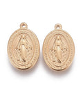 (SP6100A) 304 Stainless Steel Charms, Oval with Saint, Golden 13mm long, (2 PCS) 304 Stainless Steel Charms, Oval with Saint, Golden Size: about 13mm long, 8.5mm wide, 1.6~1.8mm thick, hole: 0.8mm.