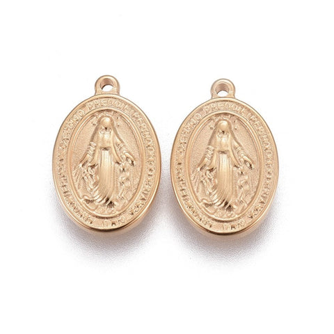 (SP6100A) 304 Stainless Steel Charms, Oval with Saint, Golden 13mm long, (2 PCS) 304 Stainless Steel Charms, Oval with Saint, Golden Size: about 13mm long, 8.5mm wide, 1.6~1.8mm thick, hole: 0.8mm.