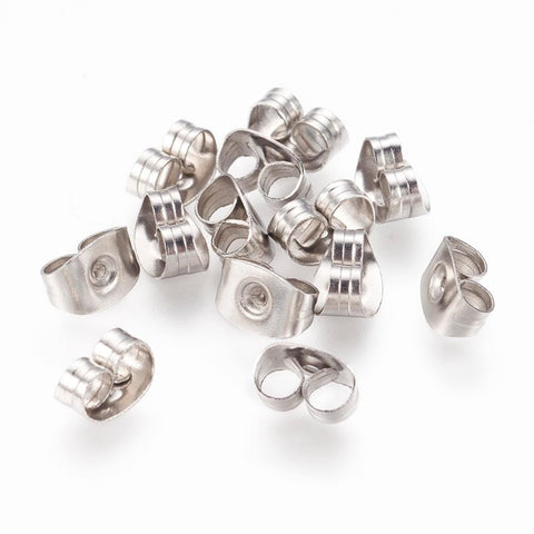 304 Stainless Steel Ear Nuts 6.5mm long, hole: 0.7mm. 304 Stainless Steel Ear Nuts Size: about 4.5mm wide, 6.5mm long, 3.2mm thick, hole: 0.7mm.  Economical Ear Nuts, ideal for fashion jewelry earring designs.