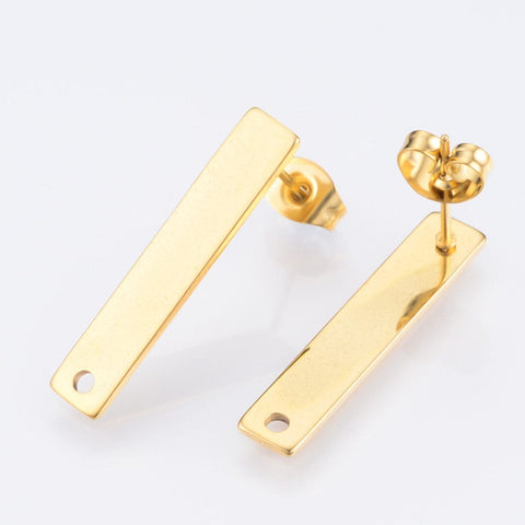 304 Stainless Steel Earring Finding, Rectangle, Golden, 25x5mm 304 Stainless Steel Stud Earring Findings, Rectangle, Golden Size: about 25mm long, 5mm wide, hole: 1.5mm; pin: 0.8mm.