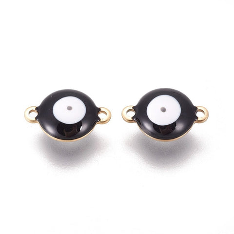 GOLD / BLACK 304 Stainless Steel Enamel Links, Flat Round with Evil Eye, 10mm wide, 14.5mm long, 4.5mm 304 Stainless Steel Enamel Links, Flat Round with Evil Eye, Golden, White Size: about 10mm wide, 14.5mm long, 4.5mm thick, hole: 1.4mm.