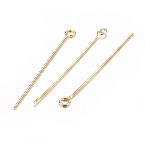 304 Stainless Steel Eye Pins, Golden  40mm  (+/- 40PCS) 304 Stainless Steel Eye Pins, Golden Size: about 40mm long, 3mm wide, hole: 2mm, pin: 0.6mm.
