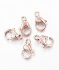 304 Stainless Steel Lobster Claw Clasps, Ion Plated Rose Gold 304 Stainless Steel Lobster Claw Clasps, Rose Gold Size: about 9mm long, 6mm wide, 3mm thick, hole: 1.2mm.