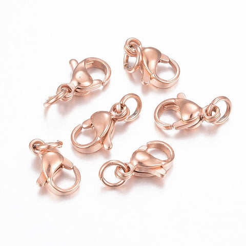 304 Stainless Steel Lobster Claw Clasps, Rose Gold 10mm long, 6mm wide 304 Stainless Steel Lobster Claw Clasps, Rose Gold Size: about 10mm long, 6mm wide, 3mm thick, hole: 3mm.