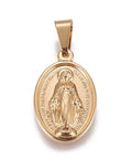 304 Stainless Steel, Oval with Saint, Golden, 26mm long 304 Stainless Steel Pendants, Oval with Saint, Golden Size: about 16.5mm wide, 26mm long, 4.5mm thick, hole: 8.5x5mm.