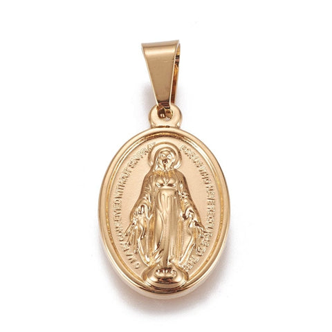 304 Stainless Steel, Oval with Saint, Golden, 26mm long 304 Stainless Steel Pendants, Oval with Saint, Golden Size: about 16.5mm wide, 26mm long, 4.5mm thick, hole: 8.5x5mm.