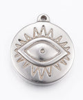 304 Stainless Steel Pendants, Eye, 17X19mm 304 Stainless Steel Pendants, Flat Round with Eye, Stainless Steel Color Size: about 17mm wide, 19.5mm long, 3.5mm thick, hole: 1.2mm.