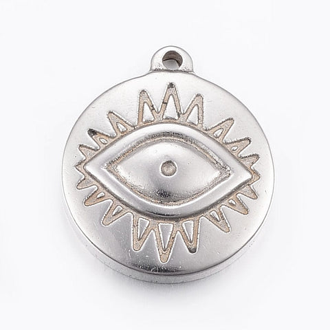 304 Stainless Steel Pendants, Eye, 17X19mm 304 Stainless Steel Pendants, Flat Round with Eye, Stainless Steel Color Size: about 17mm wide, 19.5mm long, 3.5mm thick, hole: 1.2mm.