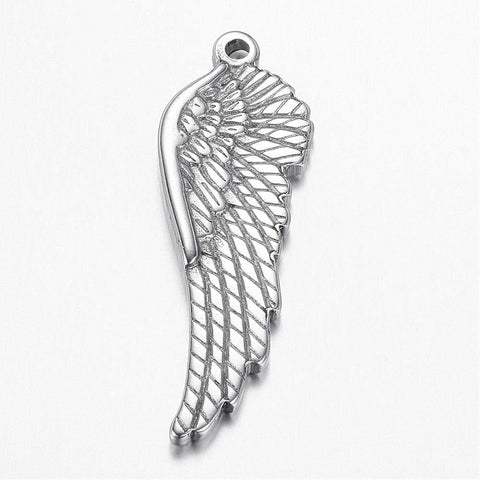 304 Stainless Steel Pendants, Wing, Stainless Steel Color 38MM 304 Stainless Steel Pendants, Wing, Stainless Steel Color Size: about 13mm wide, 38.5mm long, 3mm thick, hole: 1.8mm.