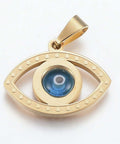 304 Stainless Steel Pendants, with Glass, Evil Eye, DeepSkyBlue, Golden 21MM (SE5264) 304 Stainless Steel Pendants, with Glass, Evil Eye, DeepSkyBlue, Golden Size: about 16mm long, 21.5mm wide, 3mm thick, hole: 7x3mm.