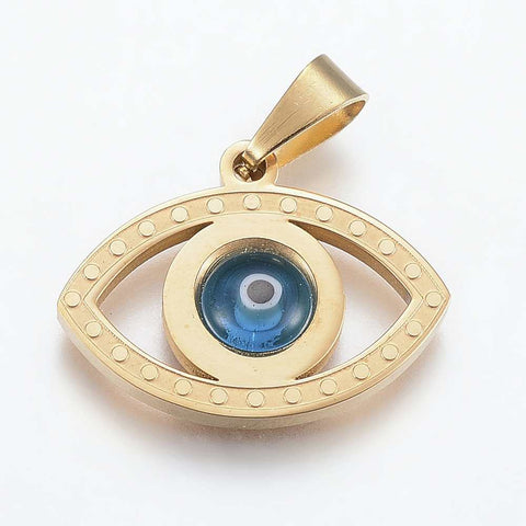 304 Stainless Steel Pendants, with Glass, Evil Eye, DeepSkyBlue, Golden 21MM (SE5264) 304 Stainless Steel Pendants, with Glass, Evil Eye, DeepSkyBlue, Golden Size: about 16mm long, 21.5mm wide, 3mm thick, hole: 7x3mm.