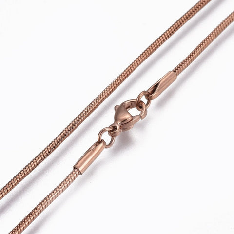 304 Stainless Steel Snake Chain Necklaces, Rose Gold Size: about(45.3cm) long 304 Stainless Steel Snake Chain Necklaces, with 304 Stainless Steel Clasps, Rose Gold Size: about 17.8"(45.3cm) long, 1.5mm wide, clasp: 9x6mm.