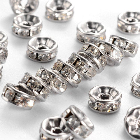 304 Stainless Steel Spacer Beads, with Rhinestone, Stainless Steel Color, 8mm Disc 304 Stainless Steel Spacer Beads, with Rhinestone, Stainless Steel Color Size: about 8mm in diameter, 4mm thick, hole: 2mm