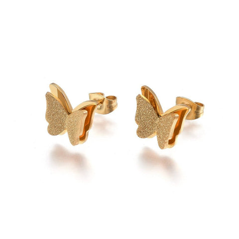 304 Stainless Steel Stud Earrings, Textured, Butterfly, Golden12mm 304 Stainless Steel Stud Earrings, Textured, Butterfly, Golden12mm