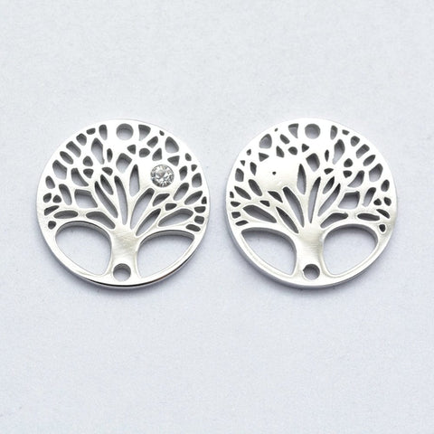316 Stainless Steel Micro Pave Cubic Zirconia Links, Tree of Life, 15mm (2 PCS) 316 Stainless Steel Micro Pave Cubic Zirconia Links, Tree of Life, Clear, Stainless Steel Color Size: about 15mm in diameter, 2mm thick, hole: 1mm.