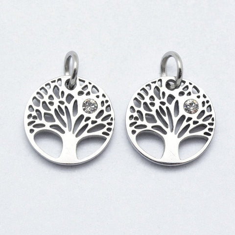 316 Stainless Steel, with Cubic Zirconia, Tree, Clear, 12MM 316 Stainless Steel Pendants, with Cubic Zirconia, Flat Round with Tree, Clear, Stainless Steel Color Size: about 12mm in diameter, 2mm thick, hole: 3mm.