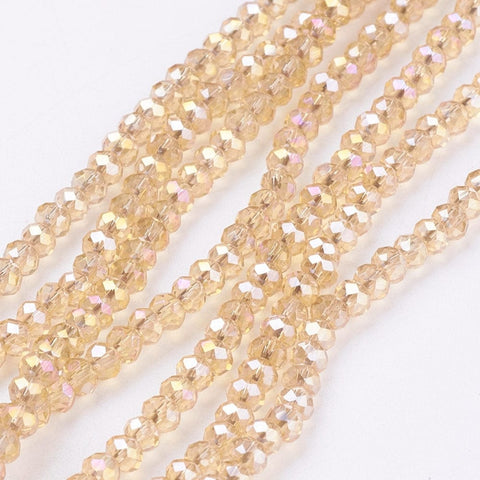 Electroplate Glass Beads Strands, AB Color Plated, Faceted Rondelle, 4mm Electroplate Glass Beads Strands, AB Color Plated, Faceted Rondelle, Peru  Size: about 3.5~4mm in diameter, 2.5~3mm thick, hole: 0.5mm; about 150pcs/strand, 15.5".