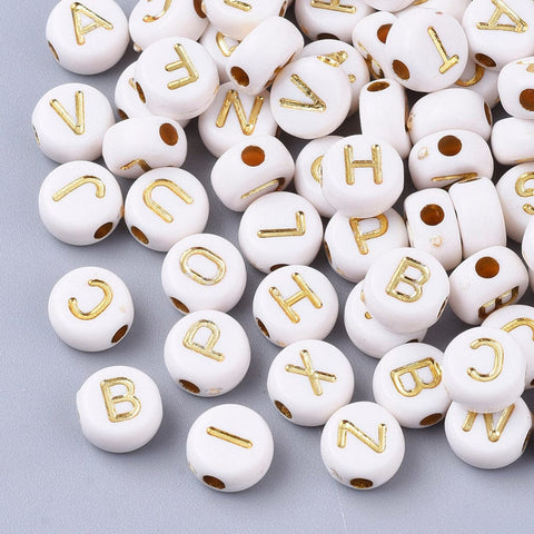 Acrylic Beads, Metal Enlaced, Letters, Golden Plated 7mm Acrylic Beads, Metal Enlaced, Letters, Golden Plated 7mm