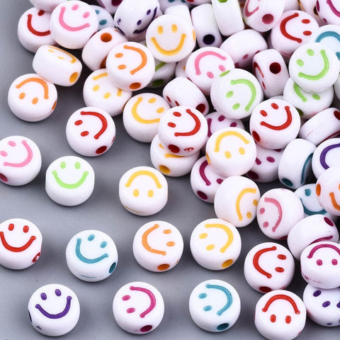 WHITE/MIX Acrylic Beads, Smiley Face, Flat Round, 7mm Acrylic Beads, Smiley Face, Flat Round, 7mm
