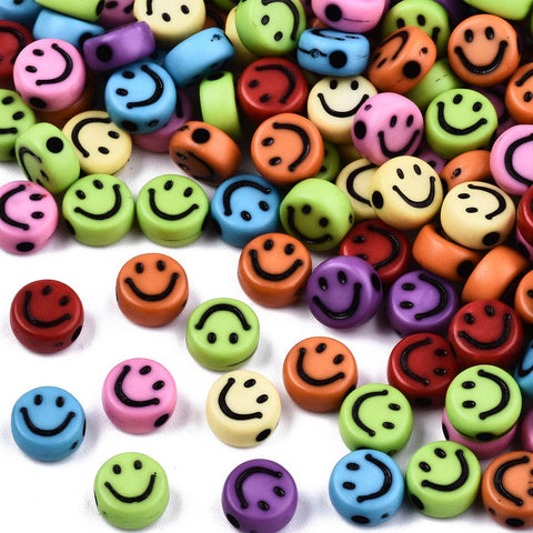 DARK/MIX Acrylic Beads, Smiley Face, Flat Round, 7mm Acrylic Beads, Smiley Face, Flat Round, 7mm