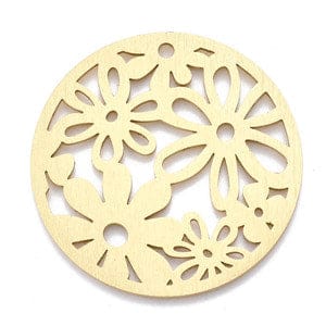 Aluminium Flat Round with Flower, Golden Size: about 50mm Aluminium Big Pendants, Laser Cut Big Pendants, Flat Round with Flower, Golden Size: about 50mm in diameter, 1mm thick, hole: 3mm.