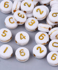 (AN6750A) Plating Acrylic Beads, Golden Metal Enlaced, Flat Round with Number, White, Mixed Size: about 7mm in diameter, 4mm thick, hole: 1.2mm (AN6750A) Plating Acrylic Beads, Golden Metal Enlaced, Flat Round with Number, White, Mixed Size: about 7mm in diameter, 4mm thick, hole: 1.2mm