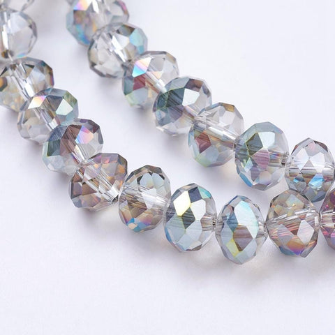 (BE8256-6) Electroplate Glass Beads Strands, Rainbow Plated, Faceted, Rondelle, Light Grey 8x6mm (BE8256-6) Electroplate Glass Beads Strands, Rainbow Plated, Faceted, Rondelle, Light Grey 8x6mm