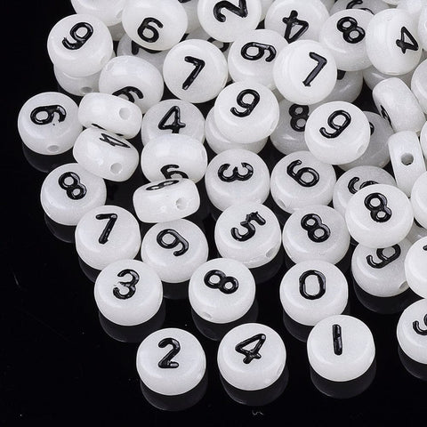 BeadsBalzar Beads & Crafts (AN6747A) Luminous Acrylic Beads, Flat Round with Number, Creamy White mm in diameter, 3.5~4mm thick, hole: 1.2mm