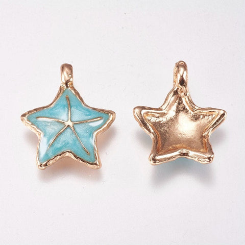 BeadsBalzar Beads & Crafts (AP5632) Golden Tone Alloy Enamel Pendants, Starfish, SkyBlue 26mm long,