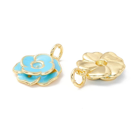BeadsBalzar Beads & Crafts BLUE (FL8715-02) (FL8715-X) Brass Pendants, with Enamel Flower, 17x15mm (2 PCS)
