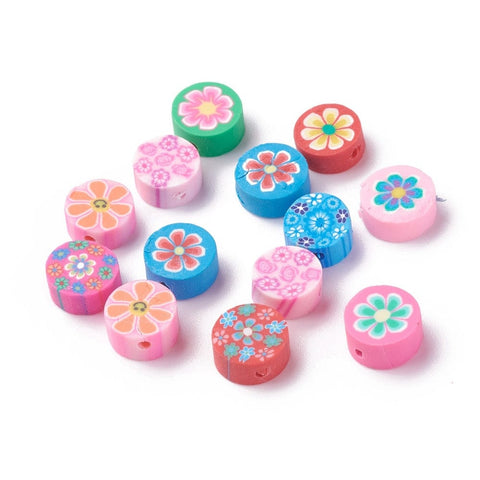 BeadsBalzar Beads & Crafts (CF7481-07) Handmade Polymer Clay, Flat Round with Flower, Mixed 9.5~10mm  (20 pcs)