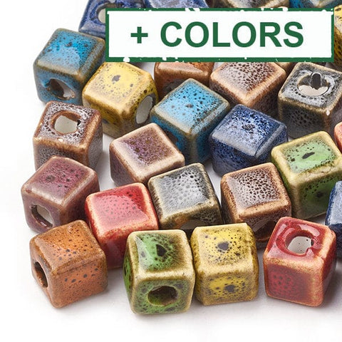 BeadsBalzar Beads & Crafts (CP6646X) Handmade Porcelain Beads, Fancy Antique Glazed Style, Cube, Mixed Color Size: about 10MM, Hole 4mm (6 PCS)
