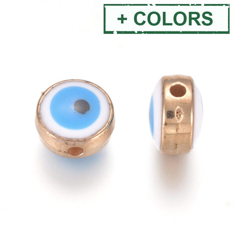 BeadsBalzar Beads & Crafts (EY8346-X) Acrylic Enamel Beads, Flat Round with Evil Eye, Golden, 7.5mm (10 PCS)