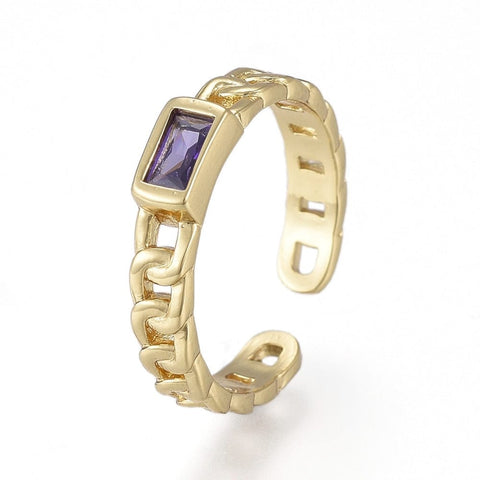 BeadsBalzar Beads & Crafts GD.PL./PURPLE (GQR8008-03) (GQR8008-X) Brass Micro Pave Cubic Zirconia, Open Rings, Rectangle, Curb Chain Shape,17mm (1 PC)