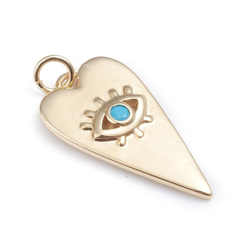 BeadsBalzar Beads & Crafts GOLD / BLUE (GQH8018-01B) (GQH8018-X) Brass Micro Pave Cubic Zirconia Heart with Evil Eye,13.5x24.5mm (1 PC)