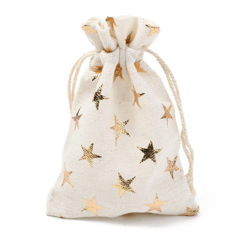 BeadsBalzar Beads & Crafts GOLD/STARS (OB7732-B01) (OB7732-X) Christmas Theme Cotton Fabric Cloth Bag, 10x14cm (4 PCS)