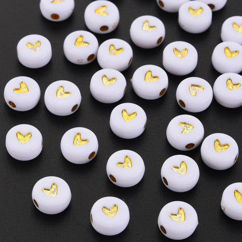 BeadsBalzar Beads & Crafts GOLDEN PLATED (HA7602-01) (HA7602-X) Plating Acrylic Beads, Metal Enlaced, Flat Round with Heart (10 GMS / +-70 PCS)