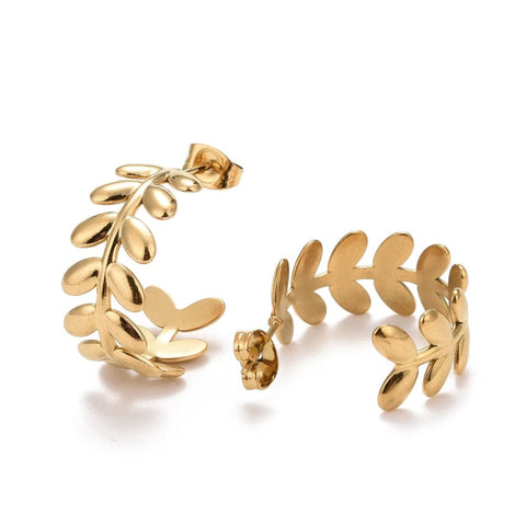 BeadsBalzar Beads & Crafts GOLDEN (SE8376-13G) (SE8376-X) 304 Stainless Steel Stud Earrings for Women, Leaf, 23mm (1 PAIR)