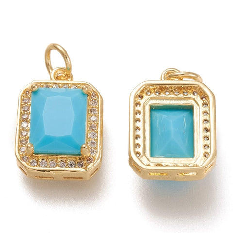 BeadsBalzar Beads & Crafts (GQ7495-09D) DEEP SKY BLUE (GQ7495-X) Brass Micro Pave Clear Cubic Zirconia  Rectangle,10x14.5mm (1 PC)