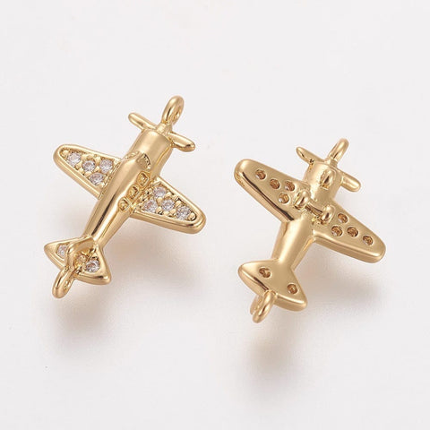 BeadsBalzar Beads & Crafts (GQA7497G) Brass Cubic Zirconia Links, Propeller Airplane, Clear,11.5x16.5mm (1 PC)