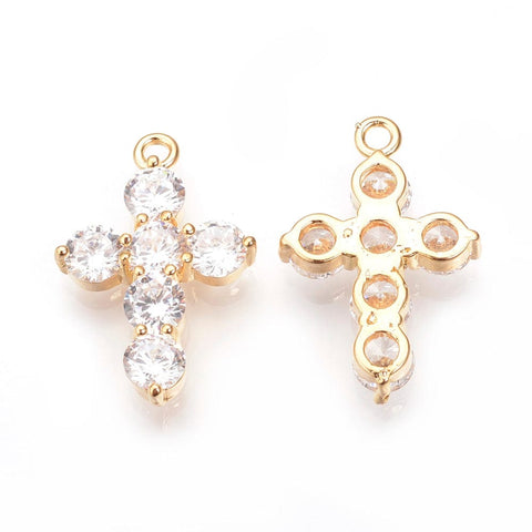 BeadsBalzar Beads & Crafts (GQC7615-G-5PC) Brass Cubic Zirconia Pendants, Cross, 25x16mm (5 PCS)
