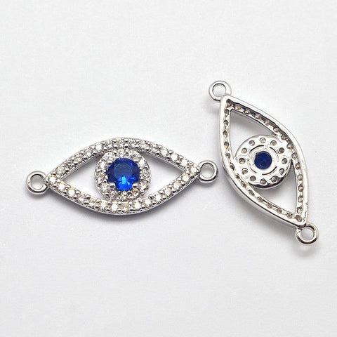 BeadsBalzar Beads & Crafts (GQE7325A) CZ Brass Zirconia Links, Eye, Blue, Real Platinum Plated 24x10mm (1 PC)