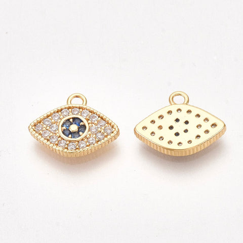 BeadsBalzar Beads & Crafts (GQE7621A) Brass Micro Pave Cubic Zirconia Charms, Eye, Clear, 9x11mm (1 PC)